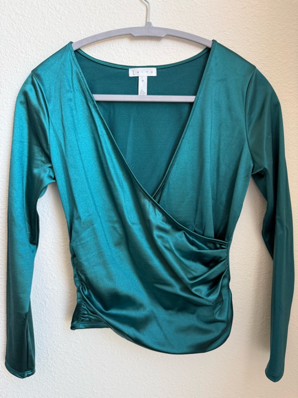 LEITH Teal Satin Wrap-Front Long Sleeve Top